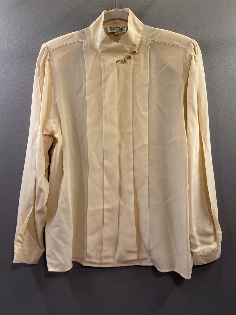 Vintage royal silk Cream Pleated Blouse with Gold Button Detail shoulder pads